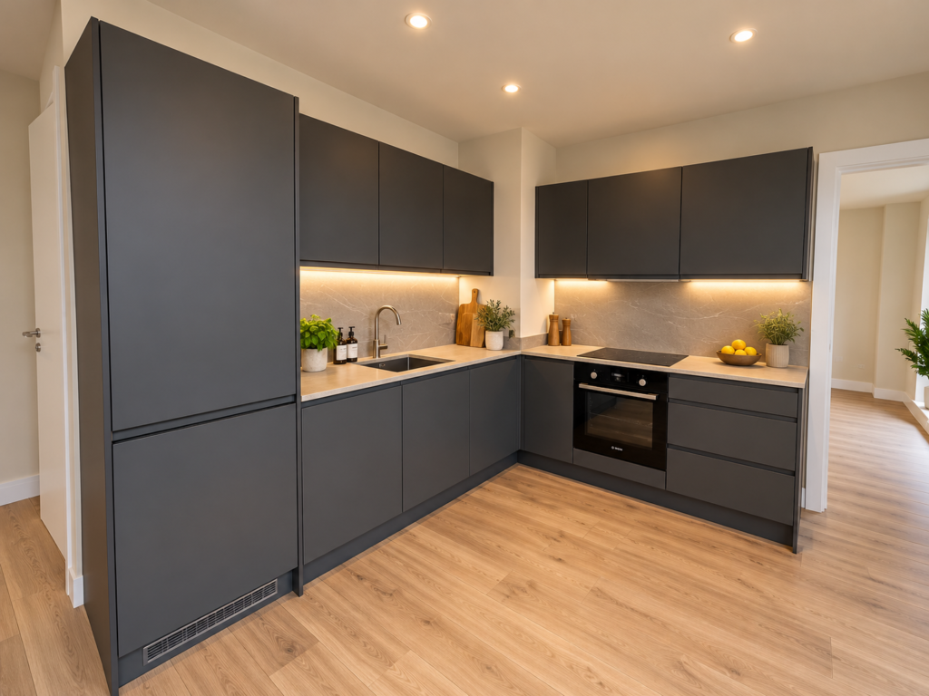 Dark fitted kitchen installation by TN Construction